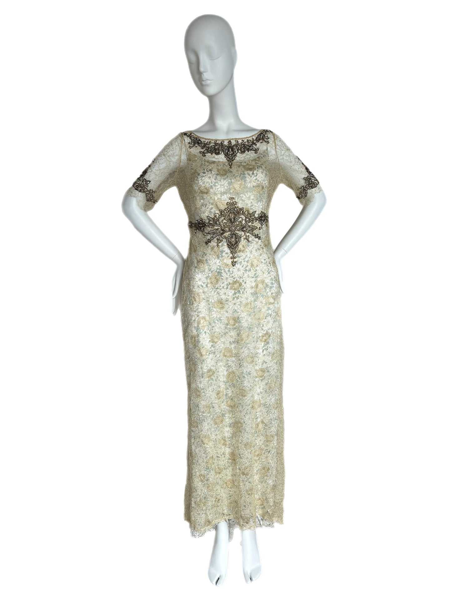 BADGLEY MISCHKA Vintage Slip Gown w. Delicate Lace Embellished Overlay