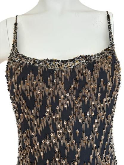 BADGLEY MISCHKA vintage black and gold embellished beaded evening gown maxi dress