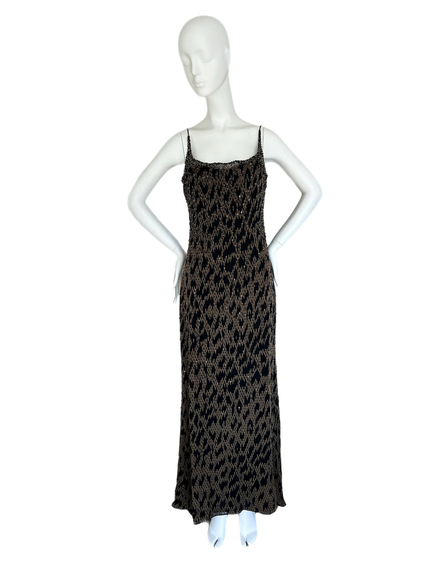 BADGLEY MISCHKA vintage black and gold embellished beaded evening gown maxi dress