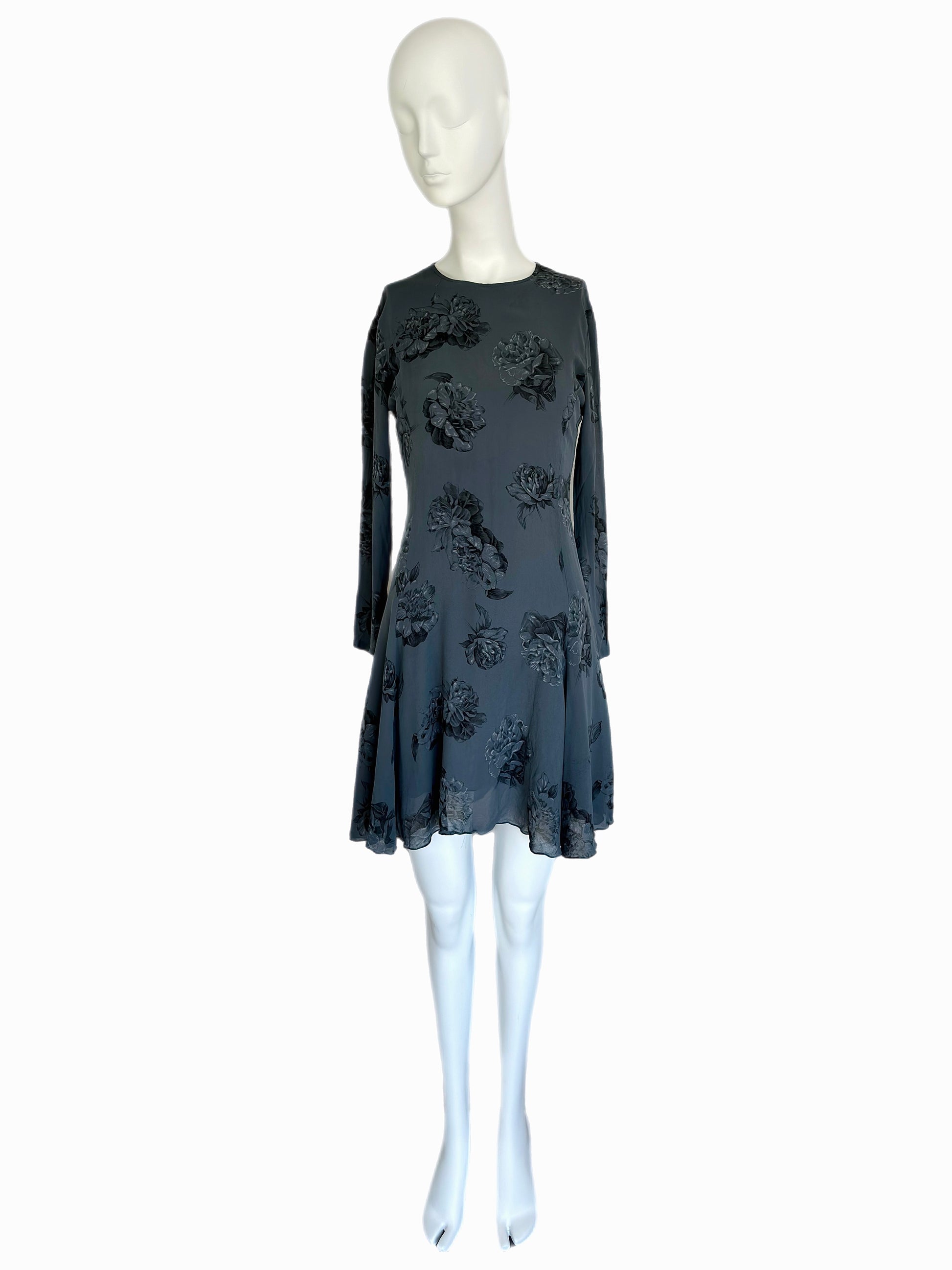 90's Calvin Klein collection gray silk floral mini dress