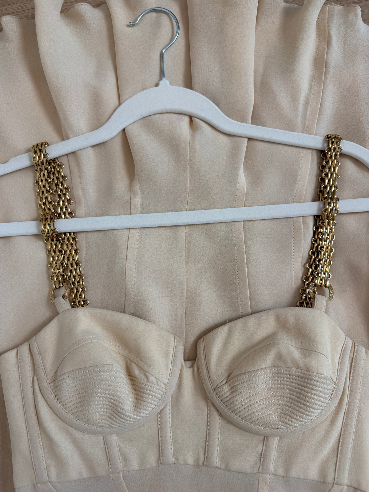Versace 2007 Vintage Silk Beige Bustier Dress w. Gold Chain Hardware