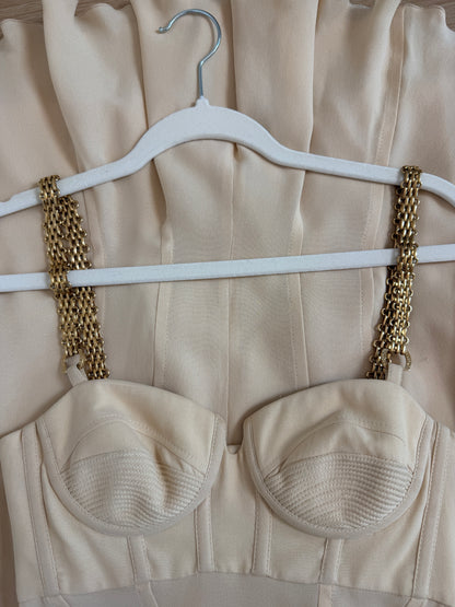 Versace 2007 Vintage Silk Beige Bustier Dress w. Gold Chain Hardware