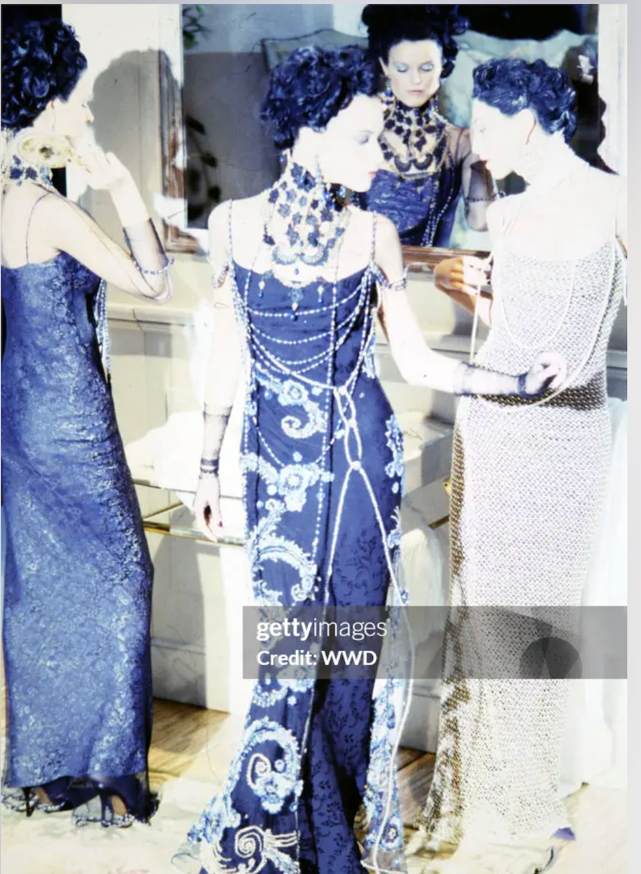 DIOR by JOHN GALLIANO 1998 Vintage Runway Blue Floral Evening Gown w. Ivory Interior + Pearl Straps