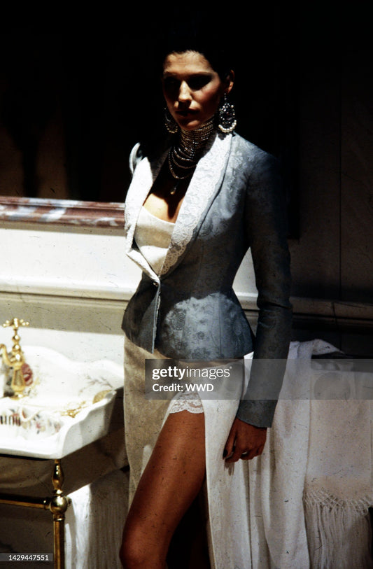 DIOR by JOHN GALLIANO 1998 Vintage Runway Blue Floral Evening Gown w. Ivory Interior + Pearl Straps