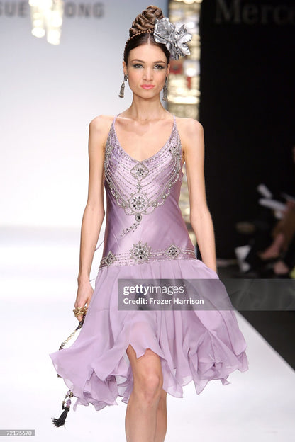 SUE WONG 2007 Vintage Runway Silk Lilac Purple Embellished Cocktail Dress