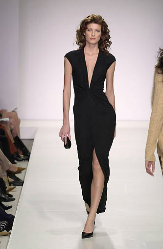 HALSTON 2001 Vintage Black Ruched Deep V Knee Length Dress