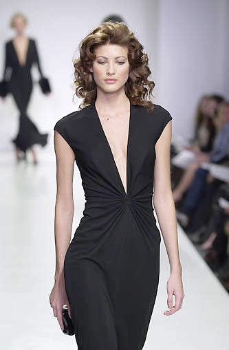 HALSTON 2001 Vintage Black Ruched Deep V Knee Length Dress