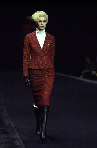 OLIVIER THEYSKENS 2001 Vintage Runway Red Orange Boucle Skirt Set