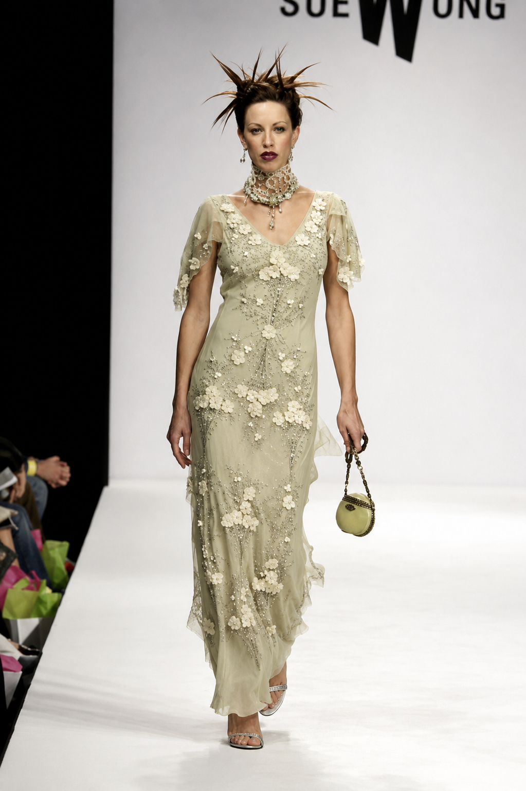 SUE WONG 2004 Vintage Runway Sage Silk Elaborate Evening Gown